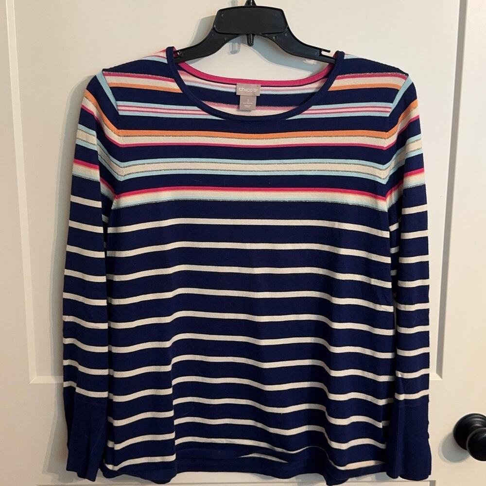 Chico's Sweater Sz XL Blue Multicolor Metallic Stripe Crew Neck Button Cuff Knit